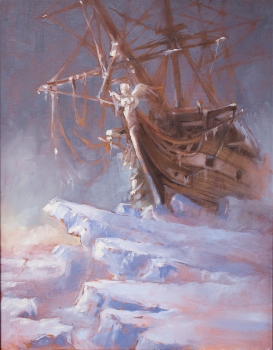Ship trapped in arctic pack ice. Painting, oil on panel