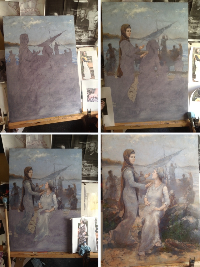 Four work in progress shots of New Testament Oil Painting by Jameson Gardner Art