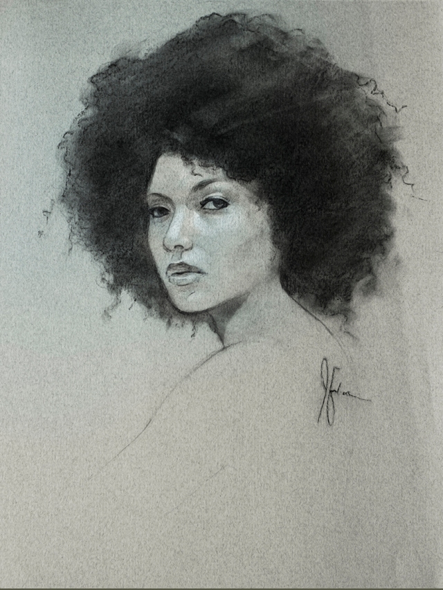 Charcoal drawing of woman with afro by Jameson Gardner Art